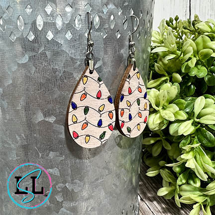 Christmas Lights Hand Painted Wood Dangle Earrings