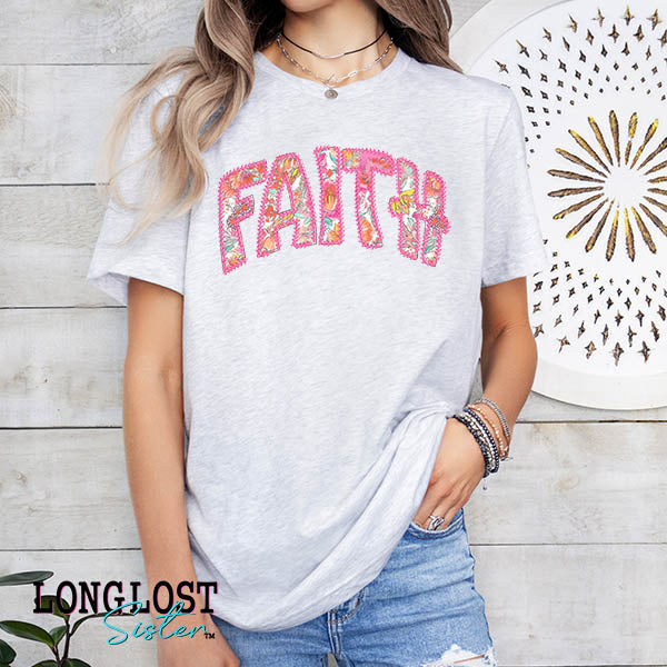 Faith Floral Faux Stitched Graphic Tee