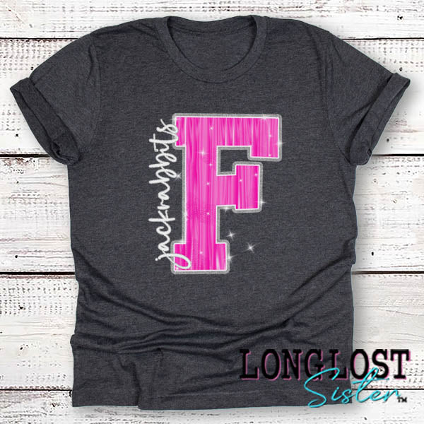 Forney Jackrabbits Hot Pink Sparkle Spirit T-Shirt Short Sleeve Dark Heather Grey long lost sister boutique