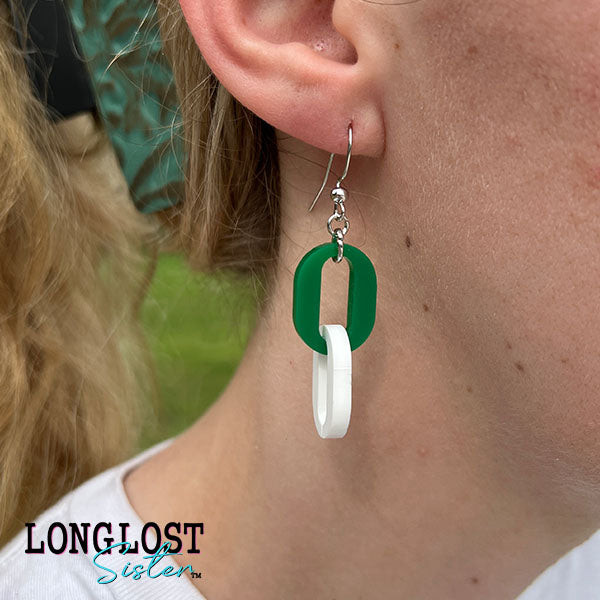 Green White Oval Linked Earrings