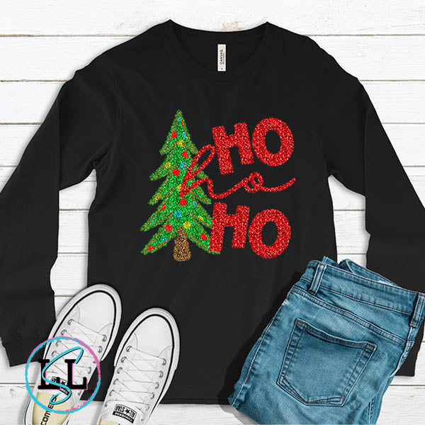 Ho Ho Ho Christmas Tree Faux Sequin Long Sleeve T-shirt