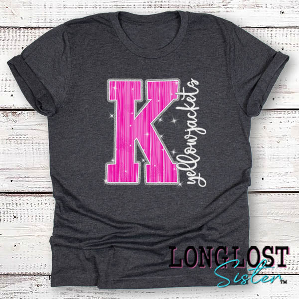 Kemp Yellowjackets Hot Pink Sparkle Spirit T-Shirt Short Sleeve Dark Heather Grey