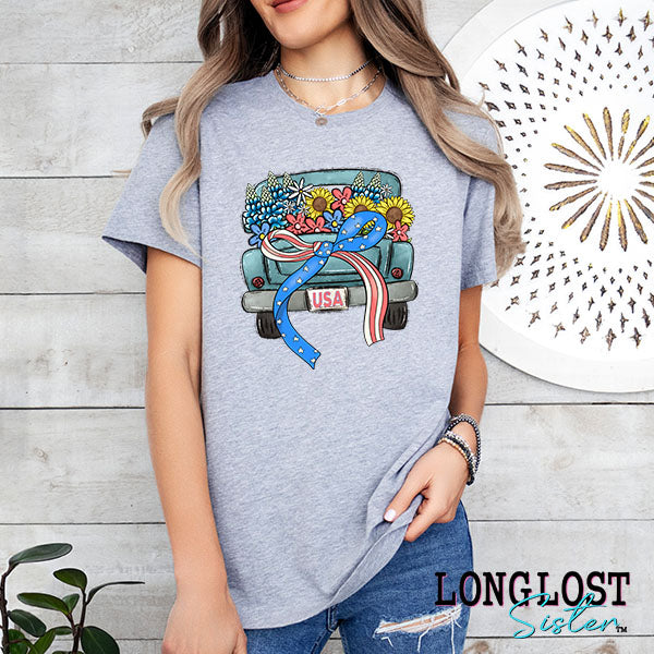 Patriotic Truck with Flowers & Bow Graphic Tee
