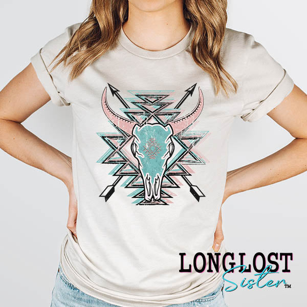 Southwest Aztec Skull Pink & Turquoise on Dust Short Sleeve T-shirt