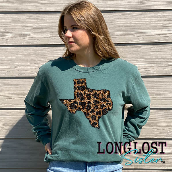 Texas in Leopard Faux Sequin Long Sleeve T-shirt long lost sister boutique