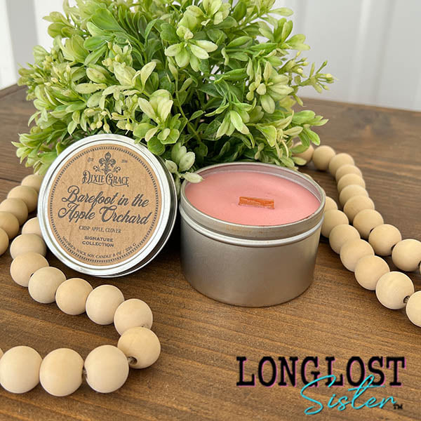 barefoot in th eapple orchard wooden wick candle crisp apple clover scent long lost sister boutique