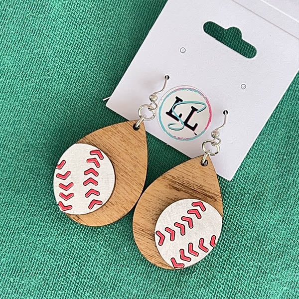 Baseball Hand Painted Wood Dangle Earrings