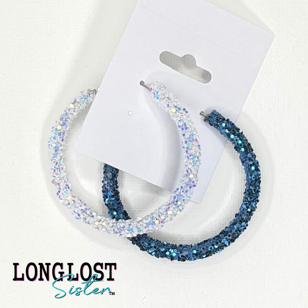 Blue and White Iridescent Glitter Hoop Earrings long lost sister boutique