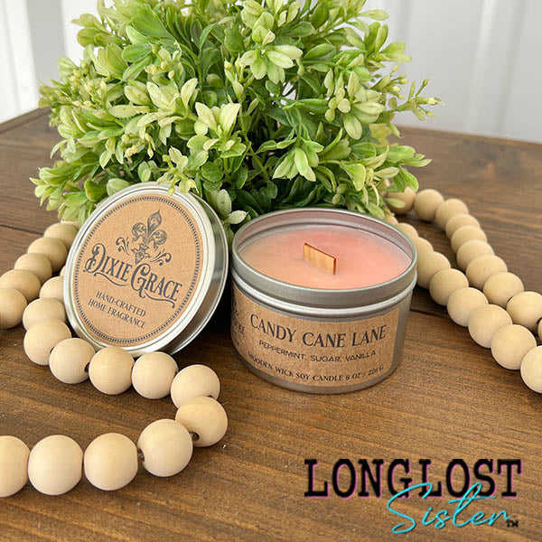 candy cane lane wooden wick candle  peppermint sugar vanilla scent long lost sister boutique