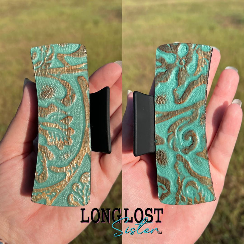 Turquoise & Copper Embossed Leather Large Hair Claw Clip