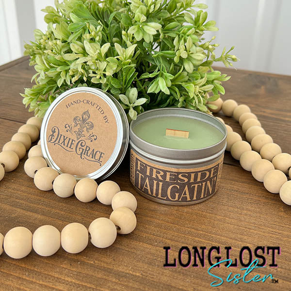fireside tailgatin' wooden wick candle cedar pin fir lemon patchouli spice campfire scent long lost sister boutique