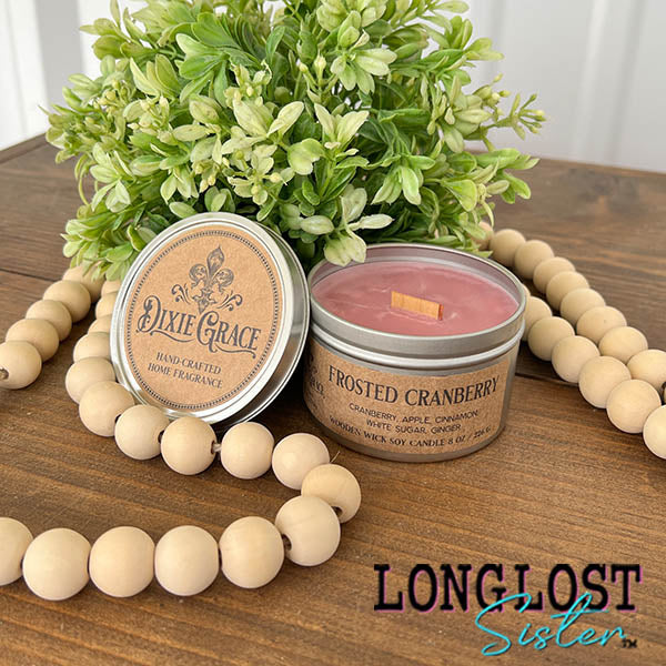 frosted cranberry wooden wick candle Cranberry, Apple, Cinnamon, White Sugar, and Ginger scent long lost sister boutique