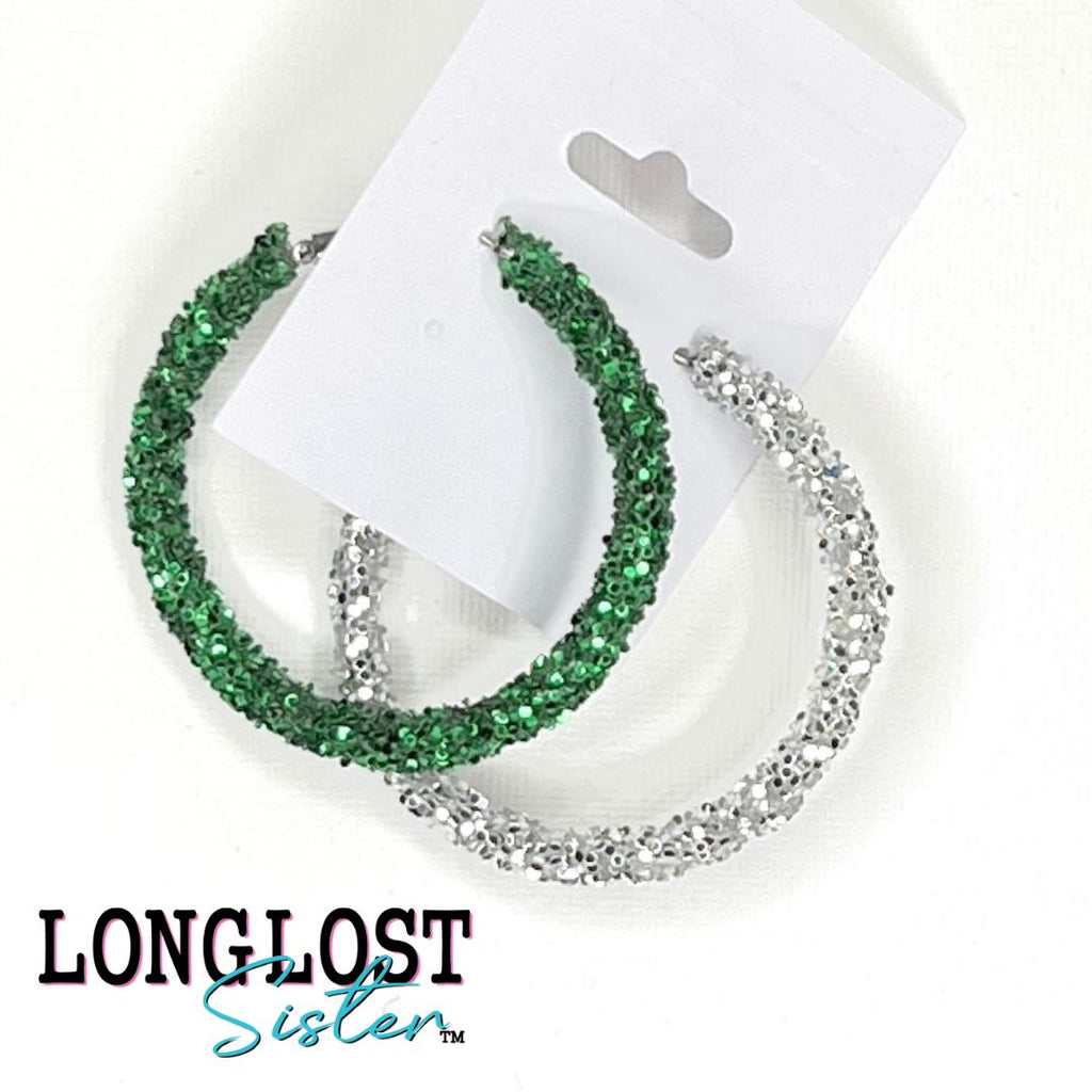 Green and Silver Glitter Hoop Earrings long lost sister boutique