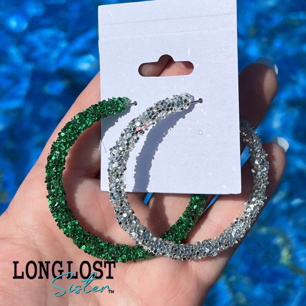 Green and Silver Glitter Hoop Earrings long lost sister boutique long lost sister boutique
