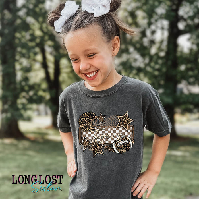 Leopard Checker Football Custom Mascot Kids T-shirt | Long Lost Sister Boutique