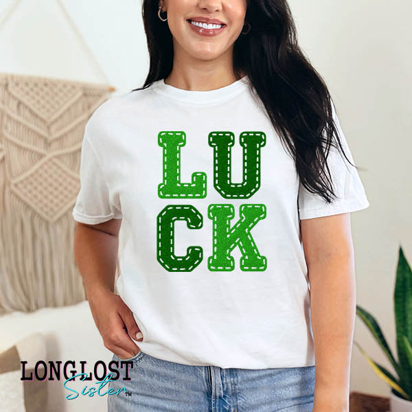 Luck Faux Stitched Glitter Short Sleeve T-shirt