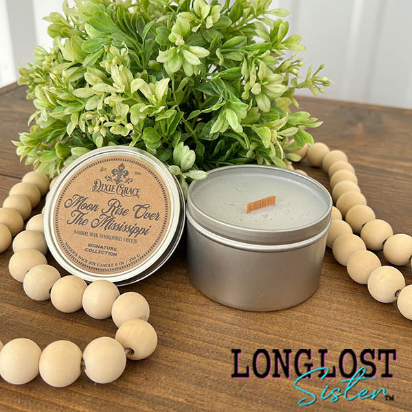 moon rise over the Mississippi wooden wick candle  bamboo musk sandalwood violets scent long lost sister boutique