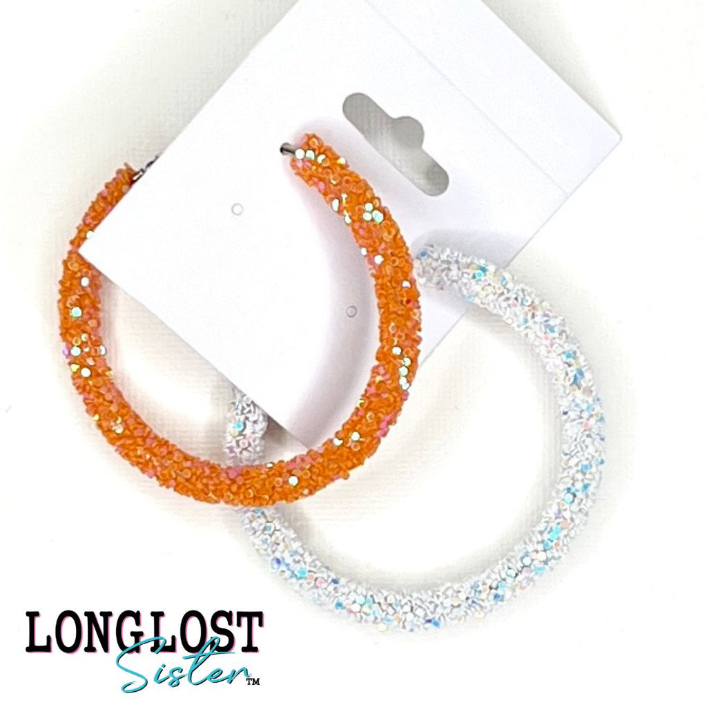 Orange and White Iridescent Glitter Hoop Earrings long lost sister boutique