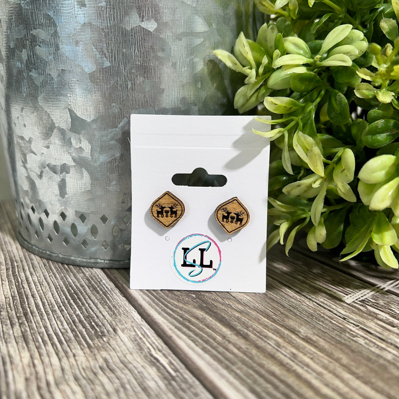Reindeer Engraved Wood Stud Earrings