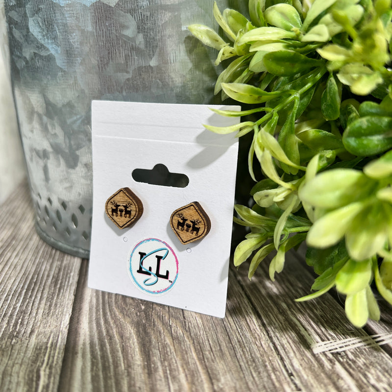 Reindeer Engraved Wood Stud Earrings