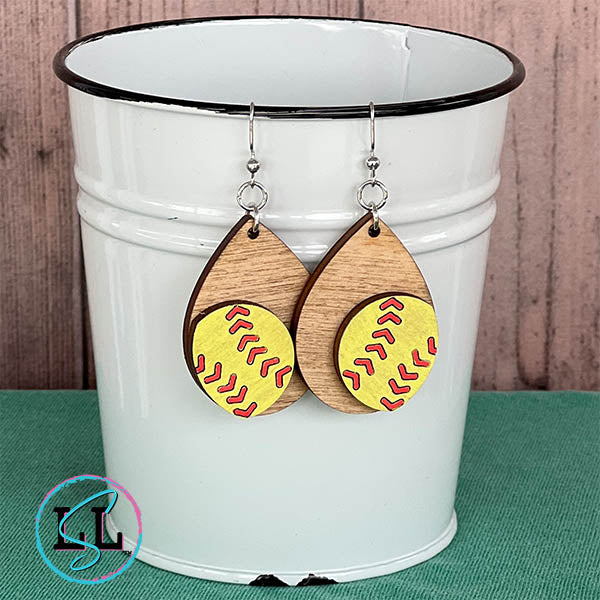 Softball Hand Painted Wood Dangle Earrings