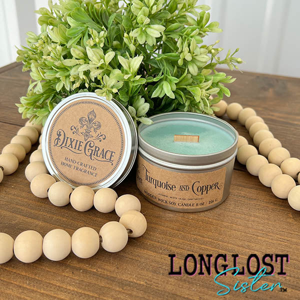 turquoise and copper wooden wick candle jasmine white musk driftwood scent long lost sister boutique