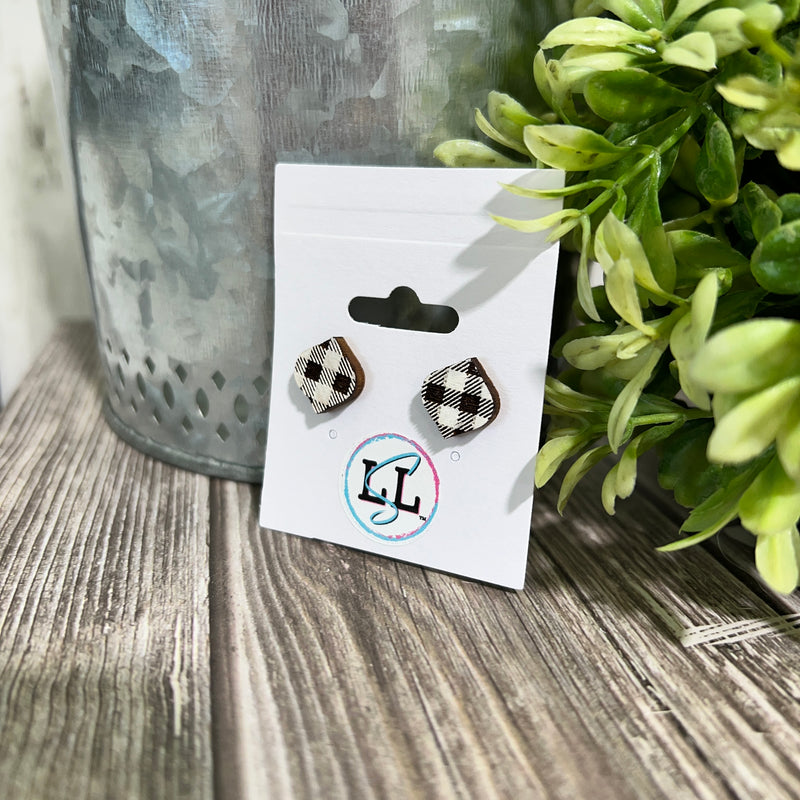 White Buffalo Plaid Hand Painted Wood Stud Earrings