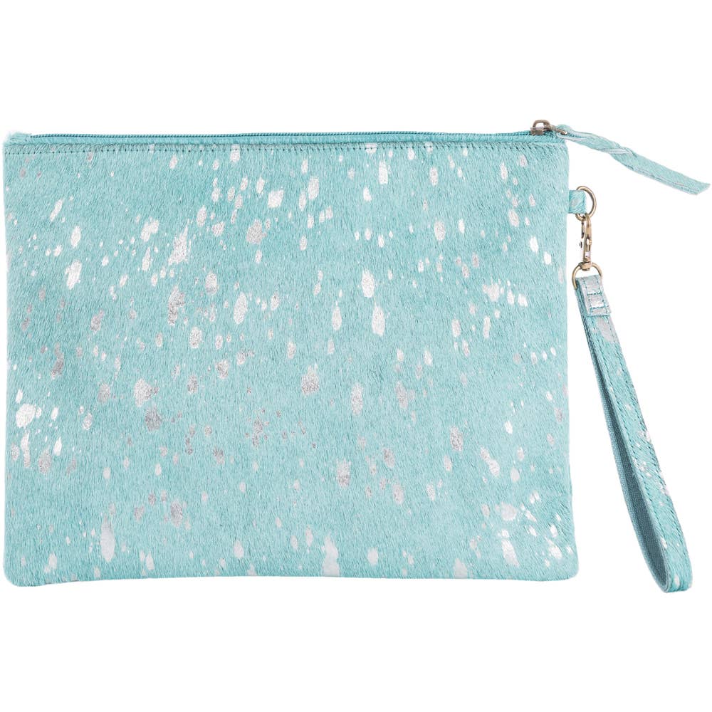 Turquoise Silver Metallic Hair on Leather Clutch long lost sister boutique